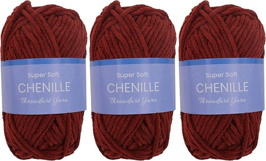 3 Pack ThreadArt Chenille Yarn for Crocheting, Knitting, Amigurumi, Super Soft Plush Velvet Yarn - 50 Gram 60 yds #5 Fluffy Yarn Skeins - Burgundy 30