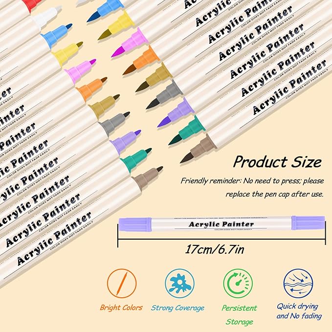 SZTCECDM 12 Colors Acrylic Paint Markers Set, Waterproof Acrylic Paint Pens, Dual Tip Drawing Markers with Brush and Fine Tip for Wood, Rock, Canvas, Glass