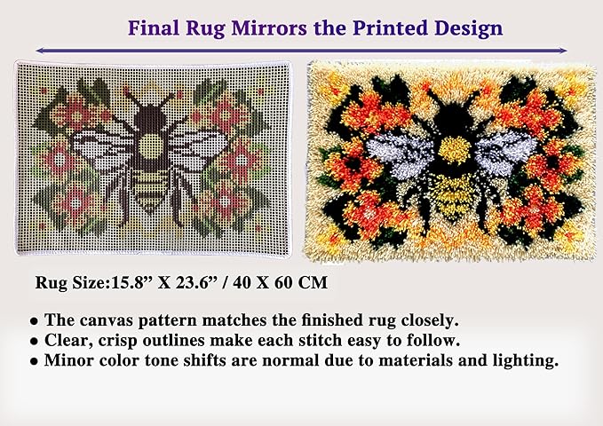 KitsMaster Buzzing Blooms” Latch Hook Kit – Bee & Flowers Design, Pre-Printed Canvas with Color-Coded Yarn, DIY Rug Making Kit for Adults & Beginners, 23.6''x15.8'' (Bee & Blossoms)