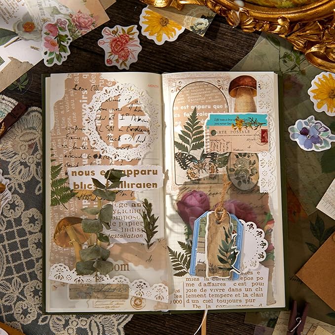 251PCS Vintage Scrapbook Supplies Pack, Scrapbooking Paper and Stickers Ephemera Bundle Junk Journal Kit for Art Aesthetic Journaling Collage Decoupage Craft (Mountain and Fields)