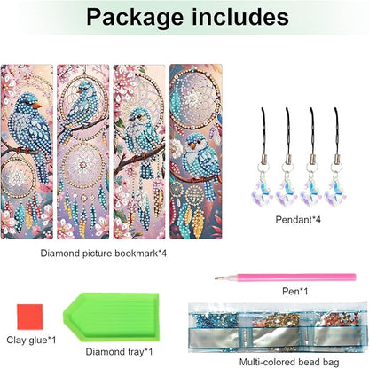 4 Pcs DIY 5D Diamond Painting Bookmark Kits for Adults, Acrylic Crystal Rhinestones Book Marks, Dreamcatcher Bluebird Diamond Art Bookmarks with Crystal Pendant, Handmade Tassel Bookmarks Gift Set