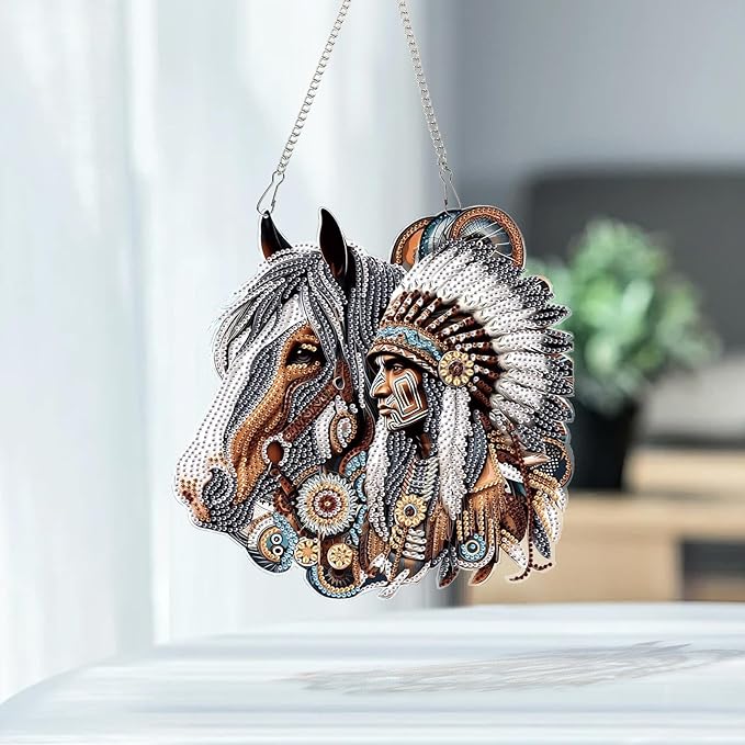 Diamond Art Suncatcher Hanging Kit Native American Horse Design, Special Shaped Diamond Painting Hanging Ornament for Adults DIY Wall Window Decoration