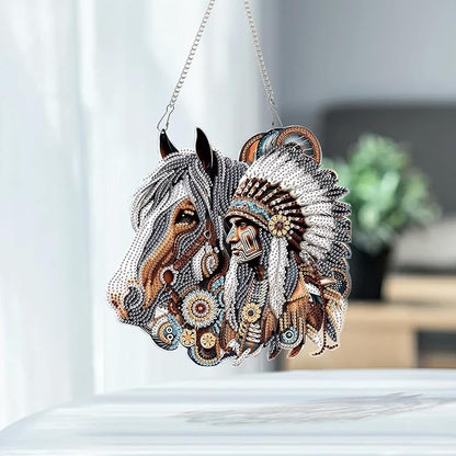 Diamond Art Suncatcher Hanging Kit Native American Horse Design, Special Shaped Diamond Painting Hanging Ornament for Adults DIY Wall Window Decoration