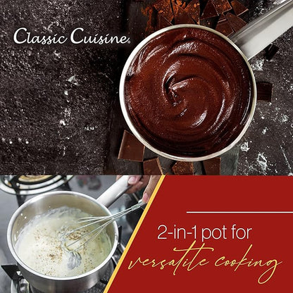 6 Cup Double Boiler Pot Set – 1.5 Quart Stainless-Steel Saucepan 2-in-1 with Vented Glass Lid – Kitchen Cookware with Measurements by Classic Cuisine