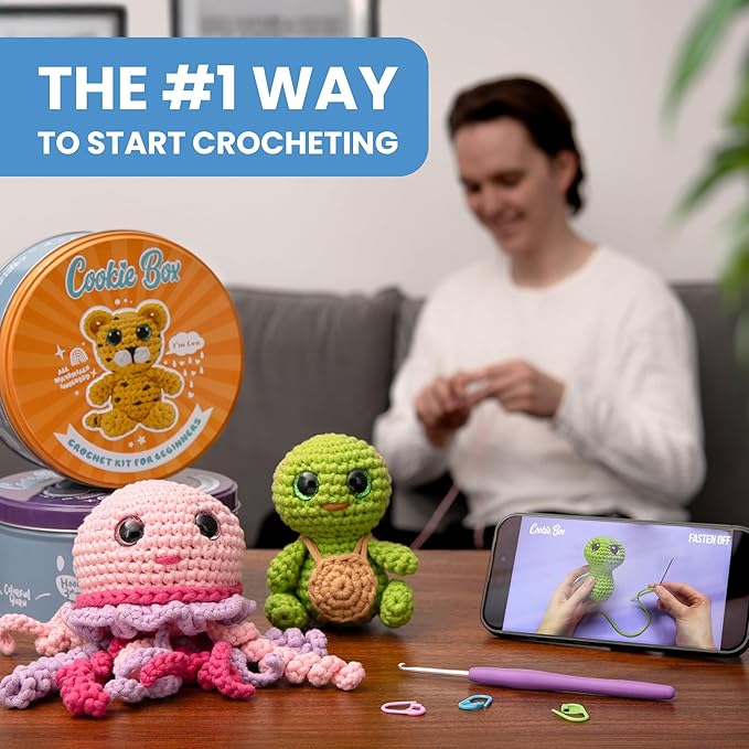 Cookie Box Crochet Kit for Beginners – Gift Set to Make Oyster Pear Amigurumi Plushie – Easy DIY Crochet & Knitting Starter Kit with Video and PDF Tutorials