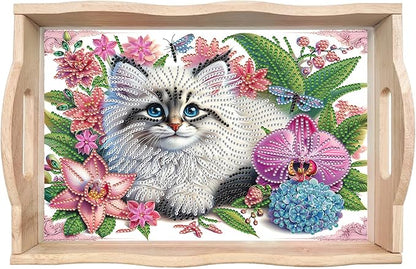 DoxQcs DIY Diamond Art Wooden Food Tray with Handle Diamond Painted Table Decoration Tray for Breakfast Bar Dinner Table Diamonds Art Painting for Beginners-Cat