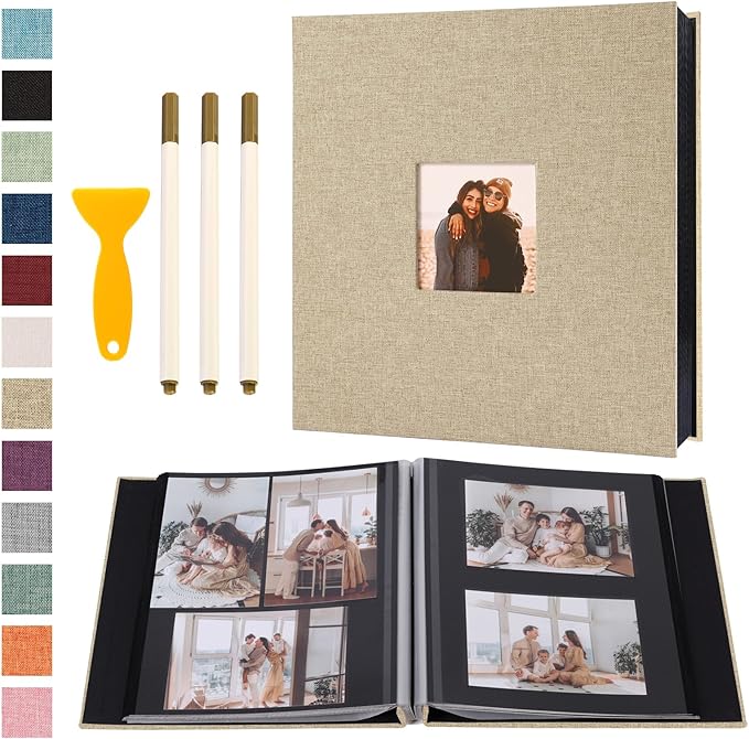 Self Adhesive Photo Album Black Pages Scrapbook Magnetic Photo Albums for 4x6 5x7 8x10 Pictures Books with Sticky Pages with A Metallic Pen for Baby Family Wedding 13.2x12.8 Yellow 120 Pages