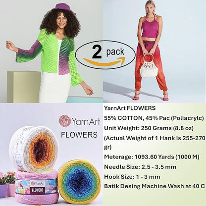2 Skein Yarn Art Flowers Yarn 55% Cotton 45% Acrylic 250gr 1094yds Multicolor Cotton Yarn Rainbow Crochet Yarn Spring Summer Fine 1 Top 7 Most Used Colors (Flowers, 273)