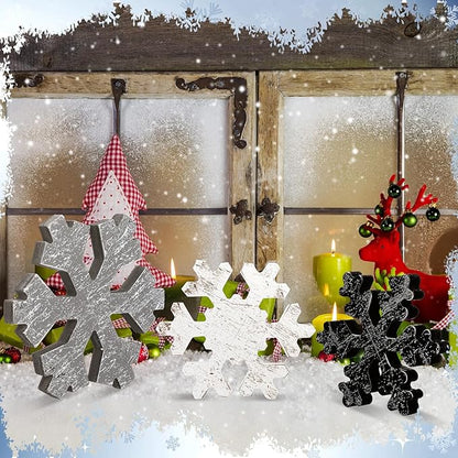 Bucherry 3 Pcs Winter Wooden Snowflake Decor Rustic Winter Snowflake Table Signs Wonderland Wood Blocks Farmhouse Christmas Tiered Tray Decorations for Xmas Table Shelf(Gray, White, Black)