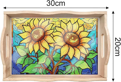DIY Diamond Art Wooden Tray Kit, Food Tray with Handle Diamond Painted Table Decoration Tray, for Breakfast, Bar Dinner Table Diamond Dots Gem Painting Art Set for Beginners (#01-Sunflower)
