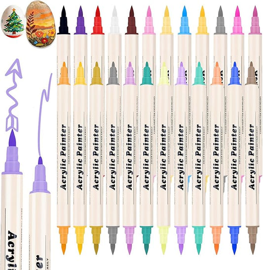 SZTCECDM 24 Colors Acrylic Paint Pens & Markers Set, Dual Tip Drawing Markers for Coloring on Wood, Fabric, Metal, Eggs - Opaque, Water-Based Paint Markers for Crafts & DIY Art