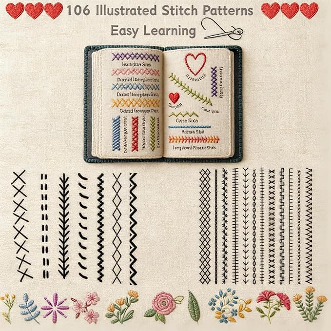 2026 Embroidery Stitch Book Kit – 106 Patterns Sampler & Tutorials, Portable Stitch Book Embroidery Kit for Beginners, All-in-One Embroidery book of Stitches Practice Set with Tools for DIY Craft