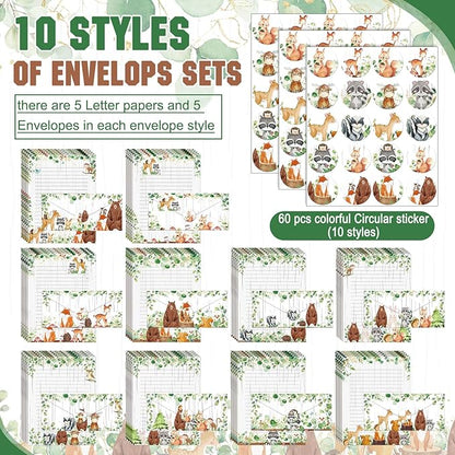 TaoBary 160 Pcs Stationery Paper Set 50 Double Sided Stationery Papers with 50 Matching Envelopes and 60 Round Dot Sticker, 10 Design(Woodland Animal,8.5 x 11 Inch)