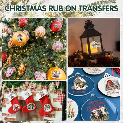 24 Sheets Vintage Christmas Rub On Transfers for Crafts, Rub On Transfers Christmas for Wood，Furniture Decals, Glass, Porcelain, Leather, Canvas, Fabric Projects,3 * 3inch(Farm Christmas)