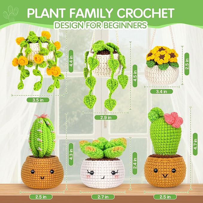 Crochetta Crochet Kit for Beginners, Crochet Starter Kits for Adults, Amigurumi Craft Knitting Crocheting Kits with Step-by-Step Video Tutorials, 6 Pc Hanging Potted Plants Family(40%+ Yarn