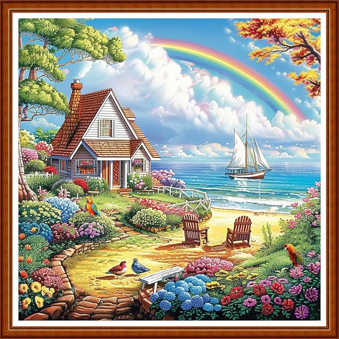 Joyhoor Stamped Cross Stitch Kits for Beginners Needlepoint Kits for Adults Embroidery Kits 11CT Counted Cross Stitch Kits Printed Embroidery Pattern- Seaside Homeland Scenery 18x18 inchs