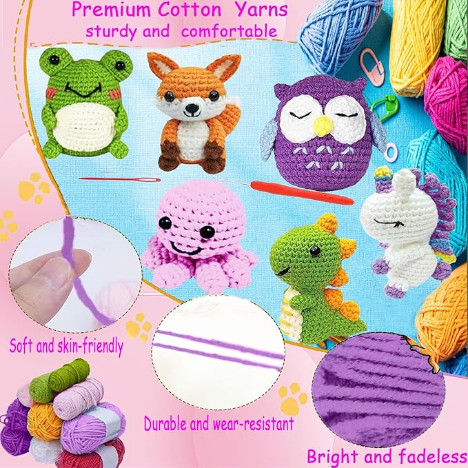 6PCS Crochet Kit for Beginners, Beginners Knitting Kit for Adults, Cute Animals Complete Starter Kit with Step-by-Step Video Tutorials and Instructions, Christmas Gifts for Adults and Friends