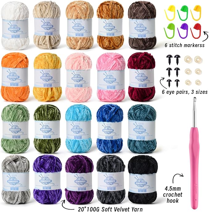 20 Pack 984 (yd) Chunky Chenille Yarn for Crocheting and Hand Knitting with Black Red White Green Yellow Rainbow Plush Velvet Yarn，Baby Blanket Yarn for Crocheting Soft Amigurumi Yarn C