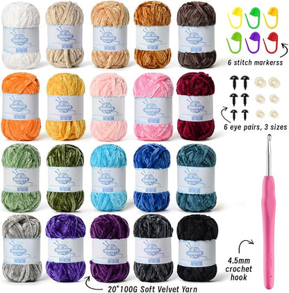 20 Pack 984 (yd) Chunky Chenille Yarn for Crocheting and Hand Knitting with Black Red White Green Yellow Rainbow Plush Velvet Yarn，Baby Blanket Yarn for Crocheting Soft Amigurumi Yarn C