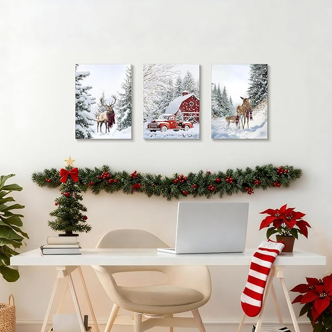 WENGTIAO Christmas Canvas Wall Art 3Pcs Winter Snowy Forest Prints Posters Red Truck Cabin Paintings Reindeer Pictures Vintage Xmas Artwork for Living Room Bedroom Bathroom Office 12”x16”x3