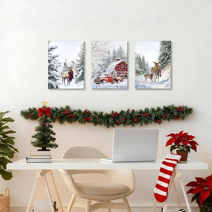 WENGTIAO Christmas Canvas Wall Art 3Pcs Winter Snowy Forest Prints Posters Red Truck Cabin Paintings Reindeer Pictures Vintage Xmas Artwork for Living Room Bedroom Bathroom Office 12”x16”x3