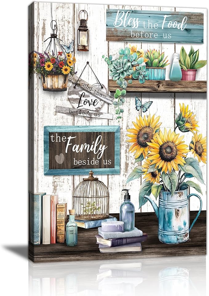WENGTIAO Kitchen Canvas Wall Art Rustic Sunflower Pictures Vintage Bless The Food Before Us Sign Prints Paintings Christian Religious Bible Quotes Artwork for Farmhouse Dining Room Living Room 12x16in