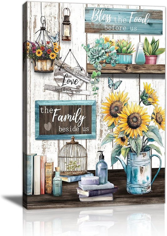 WENGTIAO Kitchen Canvas Wall Art Rustic Sunflower Pictures Vintage Bless The Food Before Us Sign Prints Paintings Christian Religious Bible Quotes Artwork for Farmhouse Dining Room Living Room 12x16in
