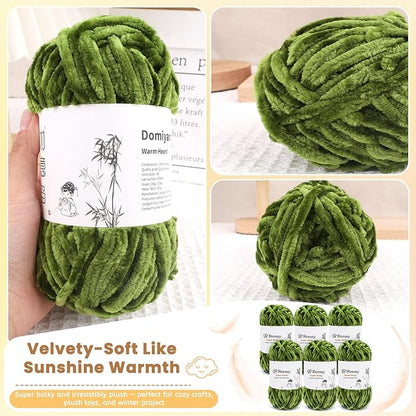 Velvet Chenille Yarn Pack – 6 Skeins × 100g Super Bulky (CYC #6) – Soft Velvet Chunky for Crocheting & Knitting, Fluffy Chenille Yarn for Blankets, Scarves & Crafts (Olive Green)