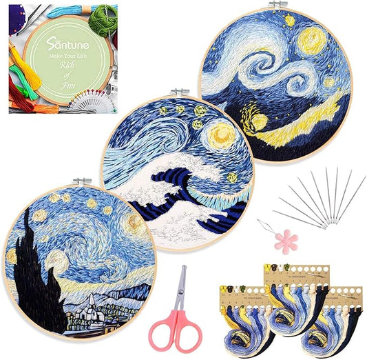 Santune 3 Sets Embroidery Cross Stitch Kits with Instructions,Needlepoint Kit with 3 Stamped Clothes,1 Hoop and 6 Needles,Mothers Day Gifts