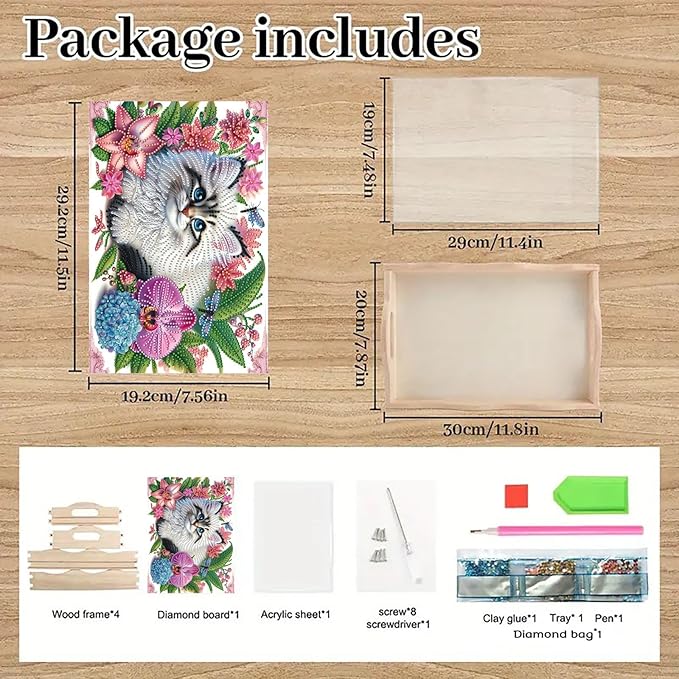 DoxQcs DIY Diamond Art Wooden Food Tray with Handle Diamond Painted Table Decoration Tray for Breakfast Bar Dinner Table Diamonds Art Painting for Beginners-Cat