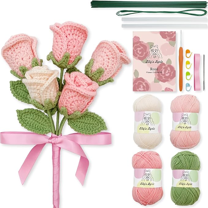 Lily's Lyric Flower Crochet Kit | Pink Rose | Step-by-Step Video Tutorial for Adults Teenagers | Craft Gift Idea DIY Home Decoration