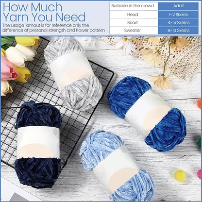 Xinnun 12 Skeins 1116 Yards Chenille Velvet Soft Thick Plush Yarn Bulk for Crocheting Knitting Blanket DIY Weaving Craft, 6mm, 3.5 Oz/Skein(Blue Series)