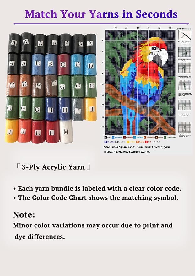 KitsMaster Bright Macaw Latch Hook Kit – Pre-Printed Canvas, Color-Coded Yarn, Tropical Décor Craft Kit, Rug Craft for Adults & Beginners, 23.6''x15.8'' (Tropical Parrot)