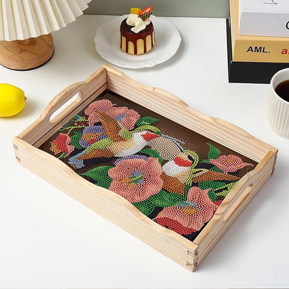 FGbaby DIY 5D Flower Hummingbird Diamond Painting Wood Serving Tray with Handles Diamond Art Serving Trays Wooden Tray for Breakfast in Bed, Patio, BBQ, Coffee Table, Party –Great for Lap & Couch