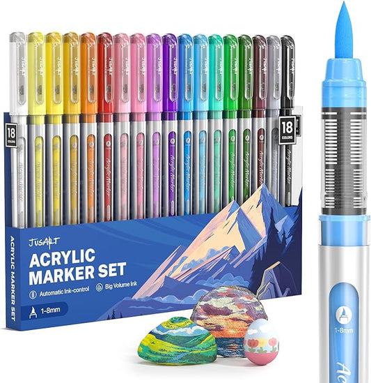 JusArt Acrylic Paint Markers Brush Tip 18 Colors, Water-Based No-Bleed Markers with Automatic Ink Control, Waterproof Acrylic Paint Pens for DIY Art & Crafts -Fabric, Rock, Wood, Glass, Ceramic, Metal