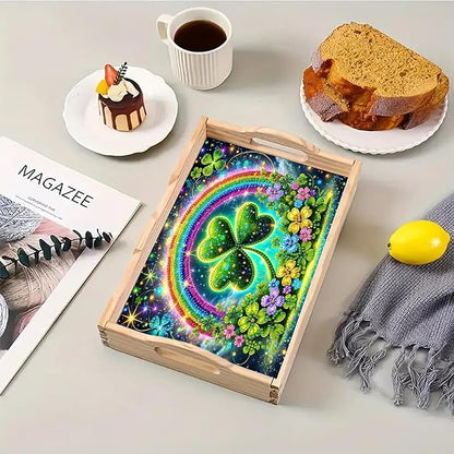 DoxQcs DIY Diamond Art Wooden Tray Kit Easter Food Tray with Handle Diamond Painted Table Decoration Tray for Breakfast Bar Dinner Table Diamond Art Painting for Beginners-#06-Rainbow Clover