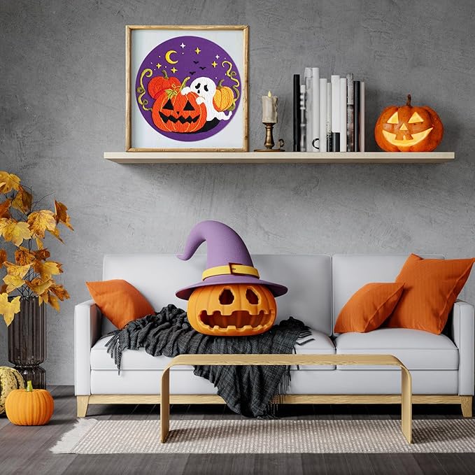 Nuberlic Halloween Embroidery Kits for Beginners Ghost Pumpkin DIY Cross Stitch Starter Craft Kits for Adults Including Cloth with Pattern Hoop Needles Instruction and Threads