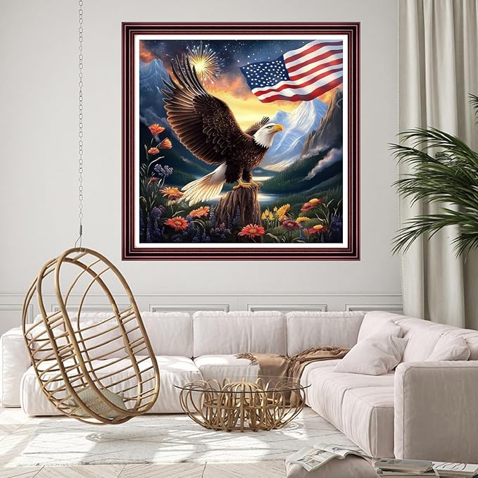 DMCCRAFT Stamped Cross Stitch Kits for Adults 11CT Printed Cross-Stitch Patterns Embroidery Kits Easy Cross Stitching Needlepoint Kits Crossstitch-Eagle Fireworks National Flag 18x18 inch