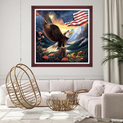 DMCCRAFT Stamped Cross Stitch Kits for Adults 11CT Printed Cross-Stitch Patterns Embroidery Kits Easy Cross Stitching Needlepoint Kits Crossstitch-Eagle Fireworks National Flag 18x18 inch