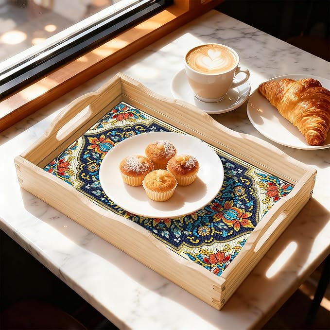 DOTSOPS 5D Diamond Painting Wooden Serving Tray with Handle for Adults DIY Diamond Art Kits for Beginners Full Drill Diamond Dots Gem Arts and Crafts Special Shape 7.8x11.8 Inches Mandala