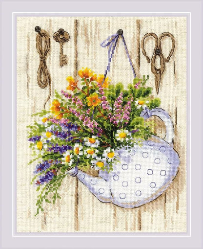 RIOLIS - Summer Tea 2020, Cross Stitch Kits 9½"x11¾, Cross Stitch Kits for Adults, Counted Cross Stitch Kits, Embroidery Kit for Beginners & Advanced, Floral Crossstitching Kits