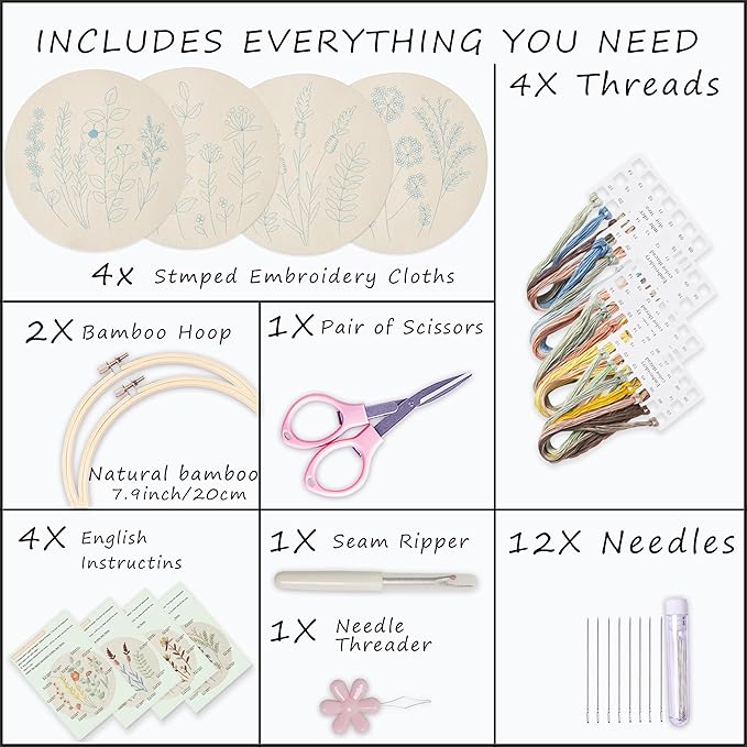 Bonroy 4 Sets Embroidery Kit for Beginners,Embroidery Kit for Art Craft Handy Sewing Include Embroidery Clothes with Pattern,Embroidery Hoops, Instructions,Color Threads Needle Kit (Multi 5)