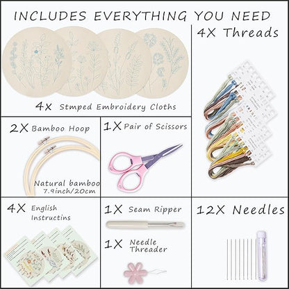 Bonroy 4 Sets Embroidery Kit for Beginners,Embroidery Kit for Art Craft Handy Sewing Include Embroidery Clothes with Pattern,Embroidery Hoops, Instructions,Color Threads Needle Kit (Multi 5)