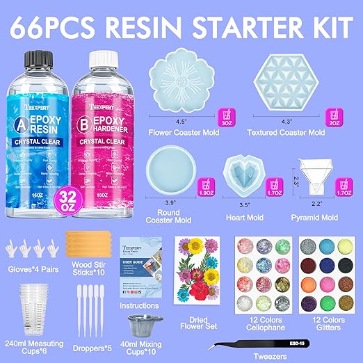 Teexpert Epoxy Resin Kit for Beginners, 32OZ Resin Kit with Silicone Molds, Complete Set with 24 Colors, Dried Flowers and Art Supplies, Crafts for Adults, Gift Set for DIY Coaster & Decor