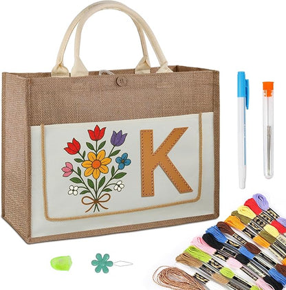guofa DIY Jute Tote Bag with Embroidery Kit – Customizable Canvas Tote for Women, Personalized Handmade Bag for Birthday, Wedding, Beach, Everyday Use (K)