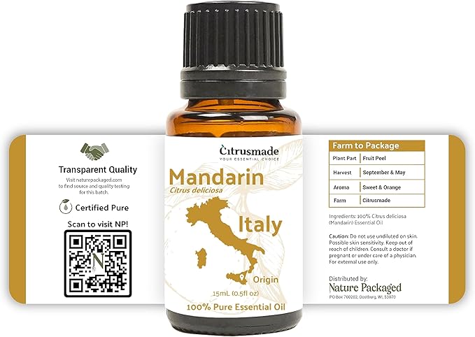 Nature Packaged Pure Mandarin Essential Oils - Direct from Citrusmade Italy for Diffusers, Aromatherapy, Home Fragrance & Bath - Natural Aceite de Mandarina for Massage (22lbs)