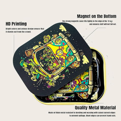 Moxuercty Small Metal Trays with PVC Soft Magnetic Lid Metal Tray with Lid Cover Small Cute Decorative Tray Ideal Storage for Home or on The Go, 7" x 5.5"
