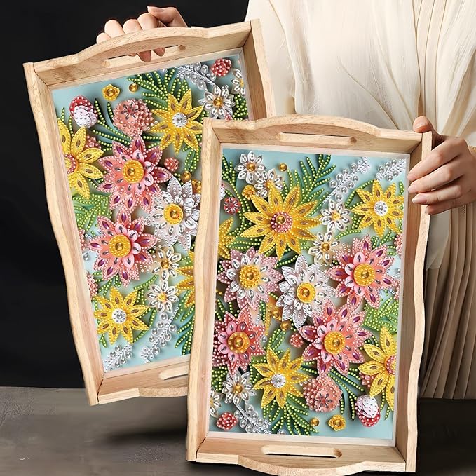 DIY Diamond Art Wooden Tray Kit, Food Tray with Handle Diamond Painted Table Decoration Tray, for Breakfast, Bar Dinner Table Diamond Dots Gem Painting Art Set for Beginners-#38-Flower