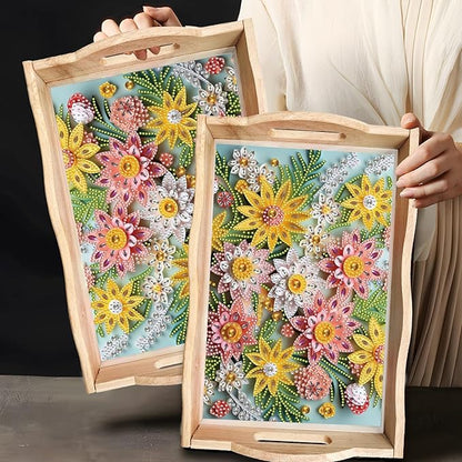 DIY Diamond Art Wooden Tray Kit, Food Tray with Handle Diamond Painted Table Decoration Tray, for Breakfast, Bar Dinner Table Diamond Dots Gem Painting Art Set for Beginners-#38-Flower