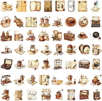 50Pcs Vintage Coffee Stickers for Scrapbooking, Journal, Photo Album, Kindle, Laptop, Refrigerators, Suitcase, Waterproof PET Transparent Aesthetic Decals